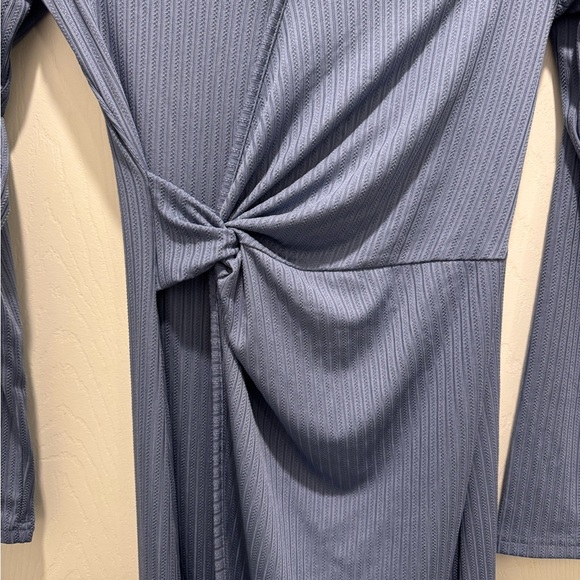 Blue Asymmetrical Wrap Dress with Long Sleeves - Picture 4 of 8